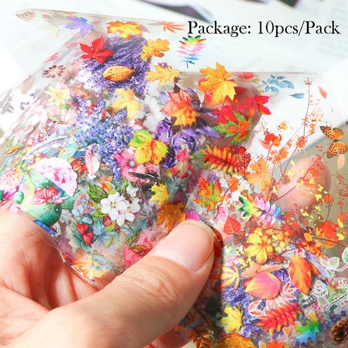 10Pcs Maple Leaf Nail Art Foil Transfer Stickers 3D Holographic Flower Foil Transfers Decals Fall Nail Supplies Floral Maple Leaves Lavender Rose Designs Fall Nail Art for Women DIY Nail Decorations