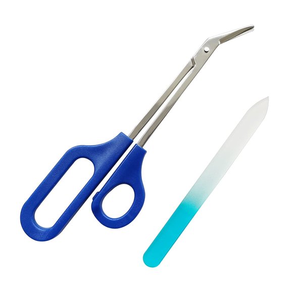 Long Handled Toenail Scissors & Easy Reach Long Handle Clippers for Thick Toe Nail with Glass Nail File Blue