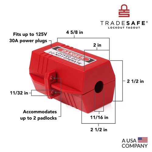 TRADESAFE Plug Lock for Lockout Tagout - 110-125 Volt Power Cord Lockout, Medium Electrical Plug Lock, Industrial Grade Electrical Plug Lockout Device, OSHA Compliant Red