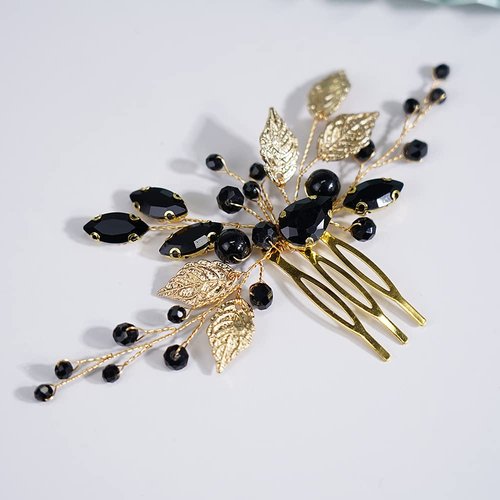 Teyglen Crystal Bridal Wedding Hair Comb Black Rhinestone Crystal Side Hair Comb Gold Leaves Headpiece Crystal Hair Piece Black Headpiece Bride Hair Accessories for Women Girls