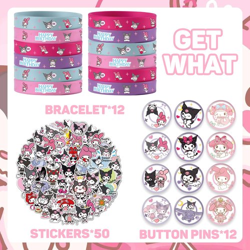 Kawaii Birthday Party Decorations, Kawaii Birthday Party Supplies Include 12 Bracelets, 12 Button Pins, 50 Stickers, Kawaii Party Favors