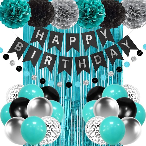 Teal Blue and Black Birthday Party Decorations, Happy Birthday Banner Turquoise Aqua Teal Foil Fringe Curtain Tissue Pom Poms Balloons Décor Supplies for Men Women Boys Girls Birthday Party