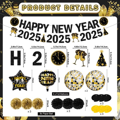 New Years Eve Party Supplies 2025 New Years Decorations Happy New Year 2025 Banner with New Years Backdrop, Balloons, Paper Flowers, Hanging Decorations for New Years Eve Decorations
