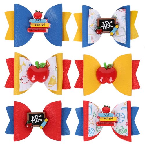 Whaline 6Pcs Back to School Bow Hair Clips Apple Book Blackboard Hair Bow Barrette Colorful Pu Leather Hairgrips for First Day of School Classroom Girls Students Hair Accessories Kindergarten