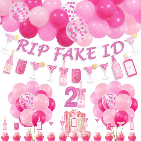 21st Birthday Decorations for Her, Pink Champagne Wine Bottle 21st Birthday Party Decoration for Women, RIP Fake ID Banner, Cake Topper, Pink Balloons Garland for Girls 21st Birthday Party Supplies