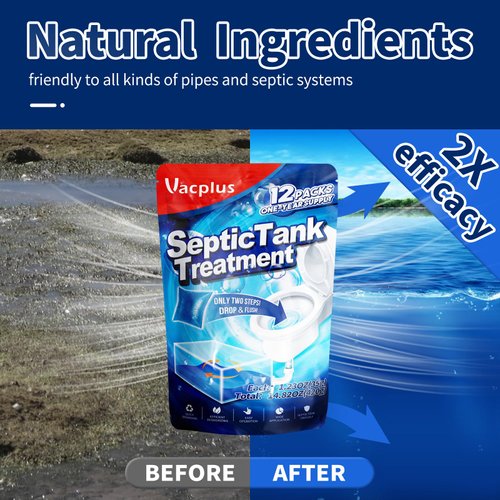 Vacplus Septic Tank Treatment 12 Pcs for 1-Year Supply, Dissolvable Packs with Easy Operation, Durable Biodegradable Enzymes for Wastes, Greases & Odors