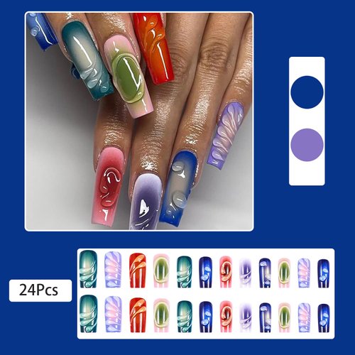 24 Pcs Long Press on Nails Coffin Shape 3D Fake Nails with Glue Acrylic Nails Colorful Ballerina Nails Press ons Full Cover False Nails & Accessories Glossy Glue on Nails for Women Girls Nail Supplies