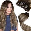 LaaVoo Ombre Clip in Hair Extensions Real Human Hair 18 Inch Dark Brown to Light Brown Balayage Blonde Real Hair Extensions Clip in Human Hair Balayage Clip in Hair Extensions Human Hair 80g 5Pcs