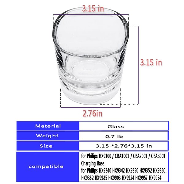 Replacement Charger Glass Cup for Philips Electric Toothbrush,for HX9100 CBA1001 CBA2001 CBA3001 Charging Base,Compatible with HX9350 HX9360 HX9903 HX9924 HX9954 HX9957 Electric Toothbrush