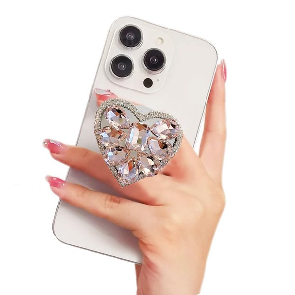 WUOJI Cute Glitter Color Heart Shape Collapsible Expandable Multi Functional Mobile Phone Grip & Kickstand (Pink)