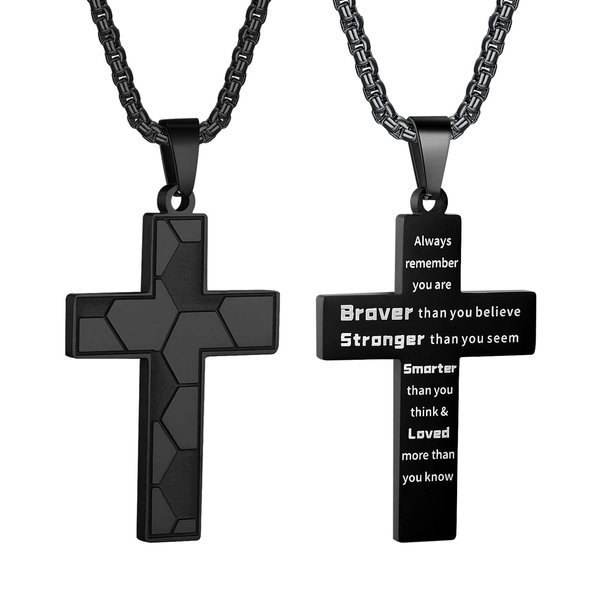 HattiDoris Soccer Cross Necklace for Boys Inspirational Bible Verse Cross Pendant Stainless Steel Chain 22+2 inch Soccer Sports Jewelry Gift for Men Women(B-Brave Strong)