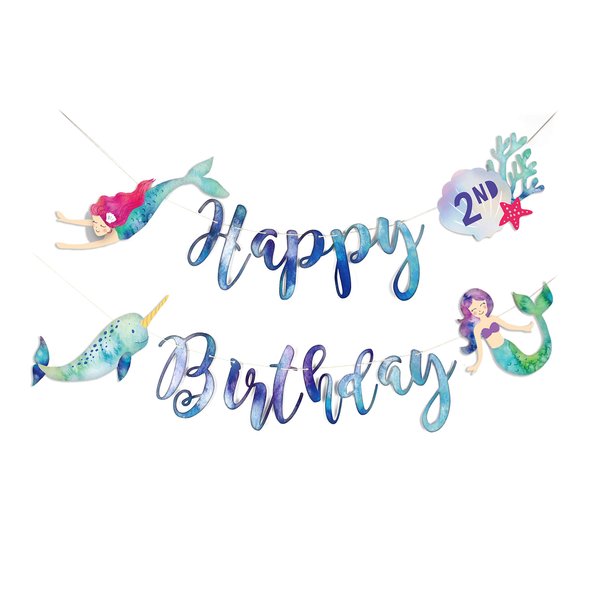 Mermaid and Narwhal - Happy Birthday Banner | Watercolor Mermaid Bunting | Under The Sea Birthday Party Supply | Customize with Age Number