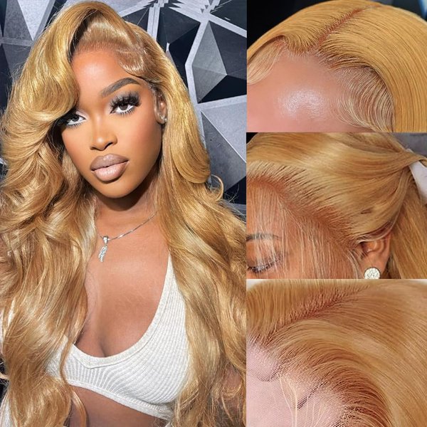 SPOU Honey Blonde Lace Front Wig Human Hair Pre Plucked with Baby Hair Honey Blonde Wigs 180% Density Body Wave Blonde Lace Front Wigs Human Hair #27 Colored 13x4 HD Lace Frontal Wigs 22 Inch