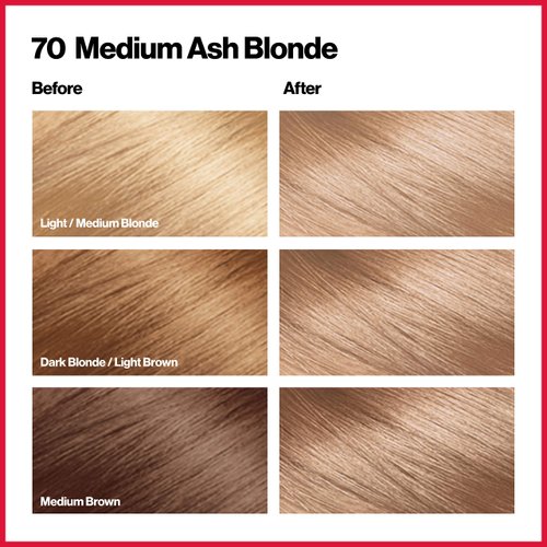 Revlon Permanent Hair Color, Permanent Hair Dye, Colorsilk with 100% Gray Coverage, Ammonia-Free, Keratin and Amino Acids, 70 Medium Ash Blonde, 4.4 Oz (Pack of 3)