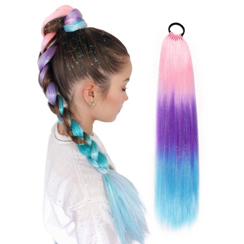 Ponytail Extension With Hair Tie 26 inch Colored Hair Extensions for Braiding Colorful Ombre Pony Tail Hair Extensions for Braids Rainbow Festival Rave Crazy Hair Day 1 Pack Pink Purple Blue
