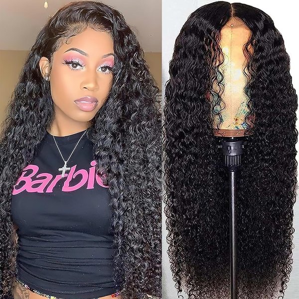 BASEMMAHER Lace Front Wigs for Black Women Deep Wave Lace Front Wigs Synthetic Hair Pre-Plucked Long Wavy Frontal Wig 28" Fake Scalp Middle Part Crimps Curls Hair Replacement Wigs for Daily Use