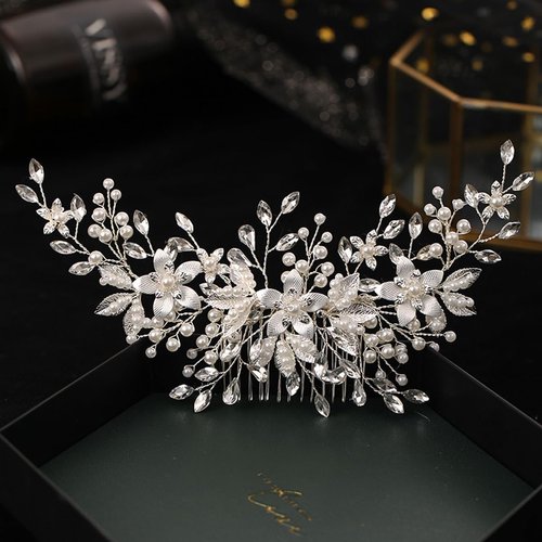 FUILUA Flower Bride Wedding Hair Piece Pearl Bridal Hair Comb Rhinestone Leaf Hair Accessories for Women and Girls