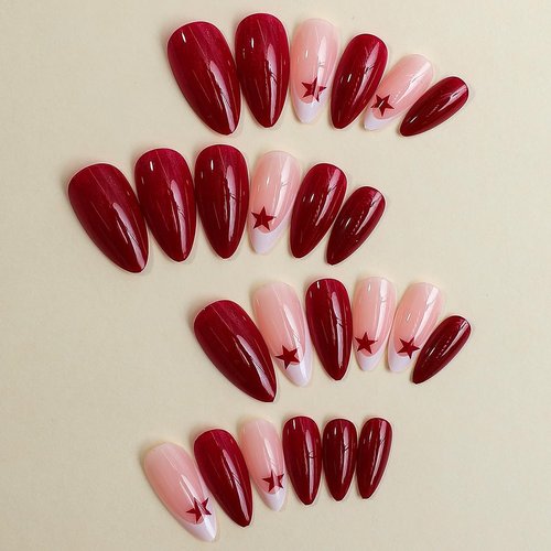 LPOODDNU Almond Press-on Nails, 24Pcs Medium Red Star Design, Acrylic False Nails for Women, Glossy Finish, Easy to Use, Ideal for Special Events, 1 Box