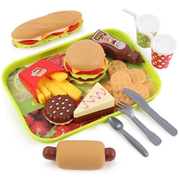 LovesTown Kids Toys Burger, 20 Pcs Kids Play Food Set Toddlers Pretend Toy Food Fake Food Toy Food for Kids Birthday Gift