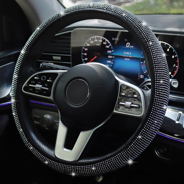 SJHTYA Bling Steering Wheel Cover, Rhinestones Steering Wheel Cover Crystal Diamond for Women, Sparkling Car Wheel Protector Universal Fit 14-15 inches - White