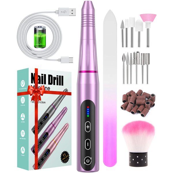 Electric Nail Drill Cordless, USB Rechargeable 5 Adjustable Speeds Electric Nail File, Professional Nail Drill for Gel/Acrylic Nails with 20000 RPM, Portable Manicure Pedicure Kit Gifts for Women Mum