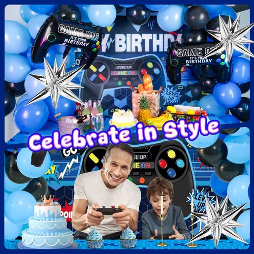 LovesTown 70PCS Video Game Balloon Garland Kit, Video Game Backdrop Table Covers Blue Birthday Balloon Arch Party Decorations for Party Birthday Supplies