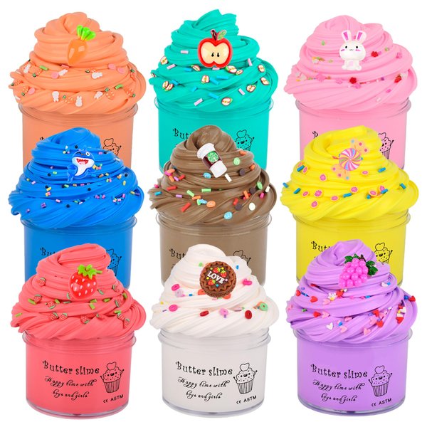 Scented Slime Kit with 9 Pack Butter Slimes, Solid Color Slime Watermelon Coffee Bunny,Super Soft and Non-Sticky, Stress Relief Toy Party Favors Birthday Gifts for Girls and Boys 6 7 8 9 10 11 12