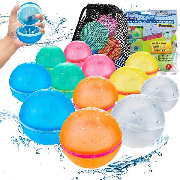 Tizikcon 12 PCS Reusable Water Balloons, Refillable Magnetic Water Balls for Outdoor Games, Self Sealing Water Splash Bomb Quick Fill for Summer Fun, Pool Beach Toys for Kids Ages 3-12