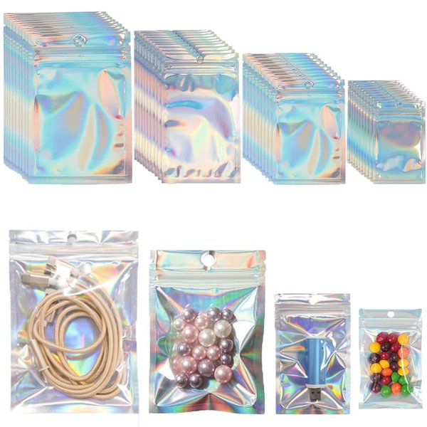 200 pcs Holographic Bags, BOSOIRSOU 4 Sizes Smell Proof Bags Mylar Bags for Food Storage Foil Pouch Resealable Bag for Coffee Beans Candy Lip Gloss Packaging Jewelry Packaging