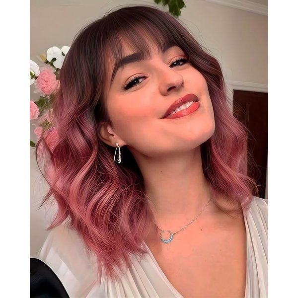 Short Pink Wigs with Bangs 14Inch Wavy Curly Bob Pastel Wig for Women Ombre Pink Shoulder Length Natural Looking Hair Replacement Wig for Daily Party Use Cosplay Costume Halloween Wig