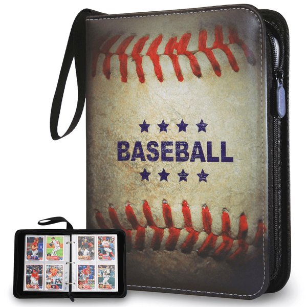 Baseball Card Binder | 440 Card Binder 55 Pages | 4 Pocket Card Binder | Sports Card Binder | Trading Card Binder w/Strap | Baseball Card Organizer | Zipper Card Binder | 3 Ring Baseball Binders