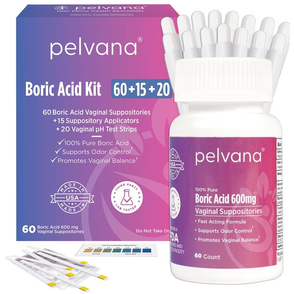 Pelvana Boric Acid Suppositories for Women 60 + 15 Applicators + 20 pH Test Strips = 95 Piece Kit for Vaginal pH Balance, Odor, Itching, & Discharge