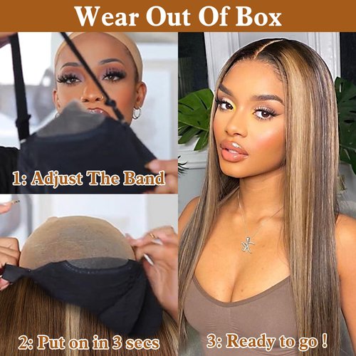 Glueless Wig Wear and Go Highlight Ombre Straight Human Hair Pre Plucked Pre Cut For Beginners 6x4 HD Transparent 4/27 Lace Frontal Wigs 180% Density Colored Human Hair Wigs for Black Women 22 inch