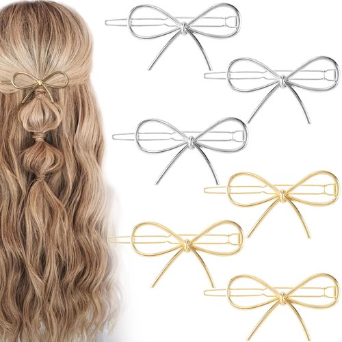PAGOW 6pcs Metal Bow Hair Barrettes for Women, Small Hair Barrettes for Thick Thin Hair, Gold Bows Hair Pins Hair Clips, Hair Accessories for Women Girls (Gold, Silver)