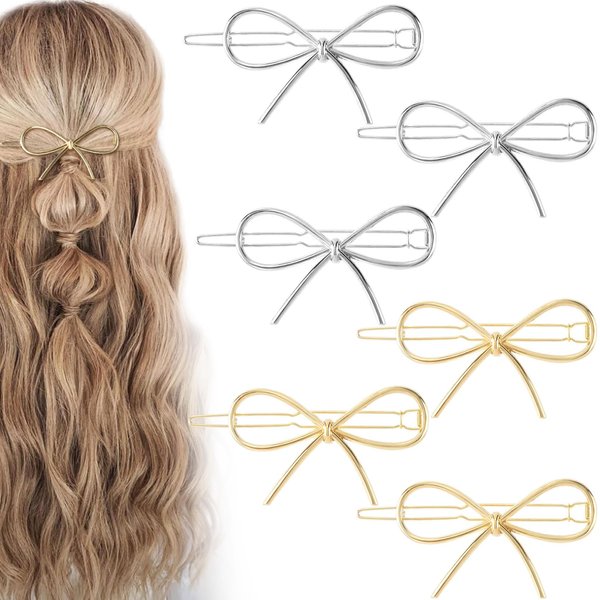 PAGOW 6pcs Metal Bow Hair Barrettes for Women, Small Hair Barrettes for Thick Thin Hair, Gold Bows Hair Pins Hair Clips, Hair Accessories for Women Girls (Gold, Silver)