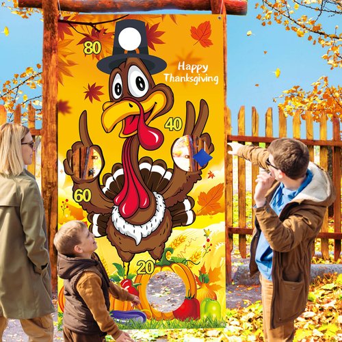 Fall Festival Games, Thanksgiving Games, Turkey Bean Bag Toss Games Banner Backdrop with 4 Big Bean Bags Fall Party Games for Kids Teens Adults Fall Party Decorations Party Favors Outdoor Games