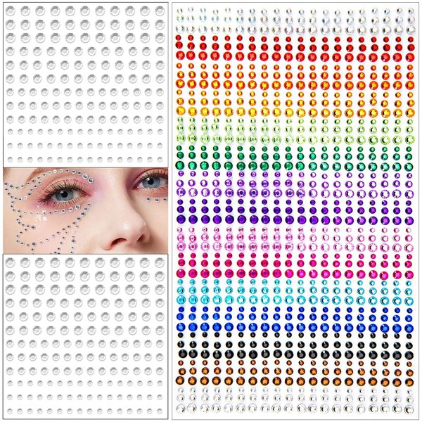 1332 PCS Face Stickers Hair Gems Eye Jewels Self Adhesive Rainbow Acrylic Stickers for Women Decoration Festival Makeup(Rainbow & Clear)