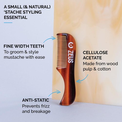 ZEUS 3-Pack Handmade Saw-Cut Mustache Comb, Fined Toothed, Durable Cellulose, Hand Polished, Pocket Comb & Beard Comb for Mustache and Beard - Tortoiseshell