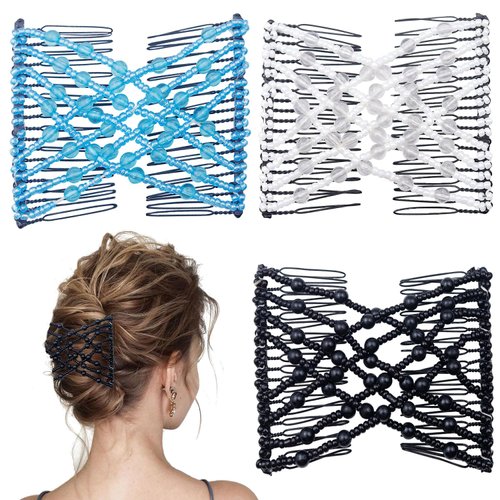 3 Pieces Elastic Magic Hair Comb Stretchy Double Comb Hair Forks Clips for Women Beaded Hairpins Girls Vintage Hairstyle Multipurpose Hair Accessories (Black Blue White)