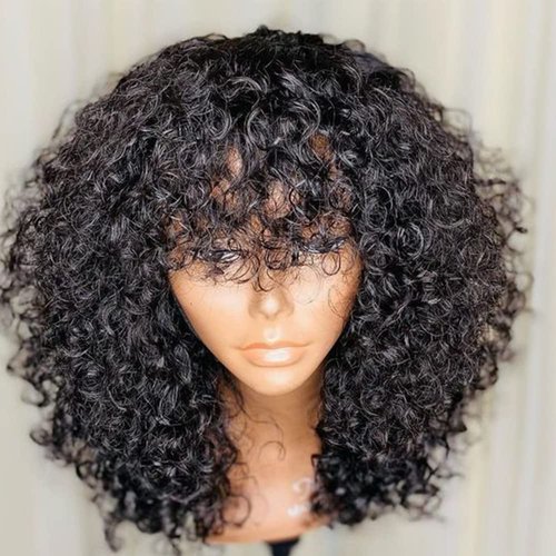 Short Bob Curly Human Hair Wigs with Bangs Wear and Go Glueless None Lace Front Human Hair Wigs for Black Women 180% Density Brazilian Unprocessed Virgin Kinky Curly Fringe Bang Wig Human Hair 14 inch