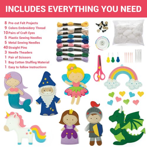 Craftorama Sewing Kit for Kids, Fun and Educational Fairytale Craft Set for Boys and Girls Age 7-12, Sew Your Own Felt Animals Craft Kit for Beginners, 165 Piece Set