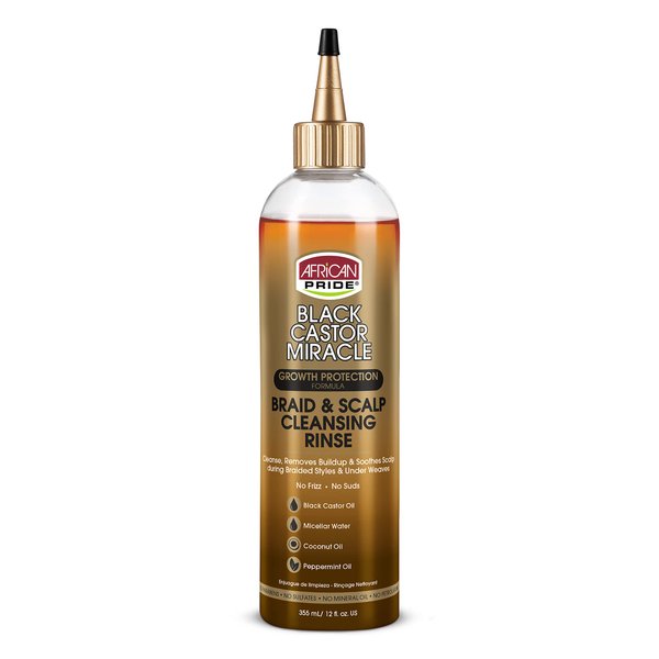African Pride Black Castor Miracle Braid & Scalp Cleansing Rinse - Removes Hair Build Up & Soothes Scalp, No Frizz, Contains Black Castor Oil, Micellar Water, Coconut Oil, Peppermint Oil, 12 oz