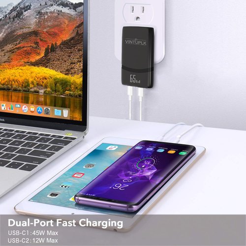 65W USB c Charger,Slim USB Wall Charger,Fast Compact Foldable Charger with GaN PD3.0&PPS,for MacBook Pro/Air iPad Pro,iPhone 16/Pro,Galaxy S23/Note 20,Pixel and More (Black-Dual C)