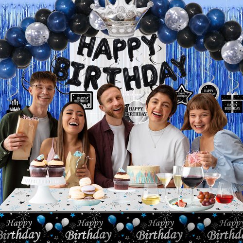 Blue Black Birthday Decorations for Men Boys, 71PCS Birthday Party Decorations for Women, Happy Birthday Banner Balloons Tablecloth Foil Fringe Curtains Hanging Swirls Bday Decor Supplies for Him