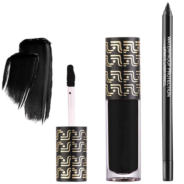 WENJLYJ 2Pcs Lip Liner and Lipstick Set,Black Liquid Lipstick and Lipliner Set,Matte Lipstick Lip Stain Long Lasting Waterproof Velvet Black Lip Gloss Set for Halloween Cosplay Gothic Makeup