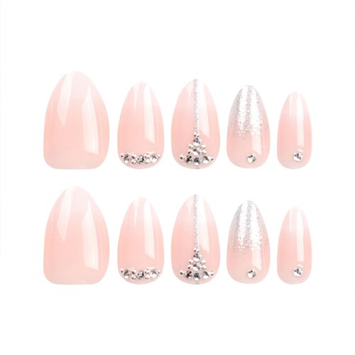 Short Press on Nails Almond - Light Pink&White Gradient Fake Nails Glitter Glue on Nails Full Cover Acrylic Nails Artificial Rhinestones Stick on Nails Glossy Short Almond Nails for Women 24 Pcs