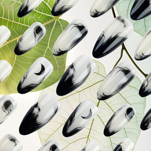 Ink French Tips Press on Nails Medium Almond Glossy Black Gradient Acrylic False Nails 24Pcs Moon Fake Nails Gel Glue on Nails for Manicure Curve Line Stick on Nails for Coquette Women Girls