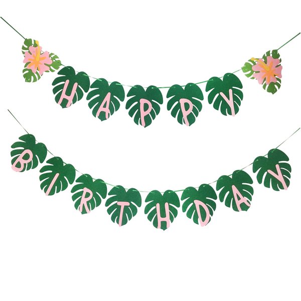 OU RUI Hawaiian Party Happy Birthday Banner for Tropical Luau Party Palm Leaf Decorations