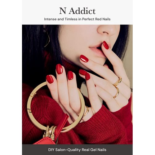 ohora Semi Cured Gel Nail Strips (N Addict) - Works with Any Nail Lamps, Salon-Quality, Long Lasting, Easy to Apply & Remove - Includes 2 Prep Pads, Nail File & Wooden Stick - Red