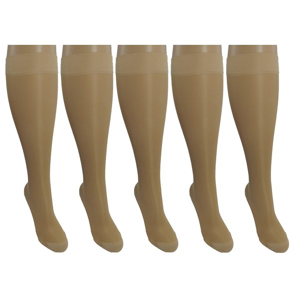 5 Pair Nude Sheer Small/Medium Ladies Compression Socks, Moderate/Medium Graduated Compression 15-20 mmHg. Nurses, Work, Therapy, Travel & Flight Knee-High Hosiery. Color: Nude